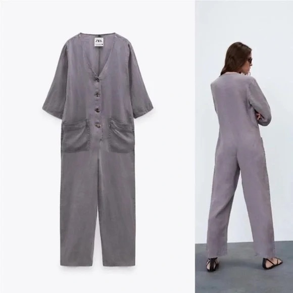NEW condition ZARA LILLIAN GREY LINEN OVERSIZED JUMPSUIT S - Picture 2 of 12